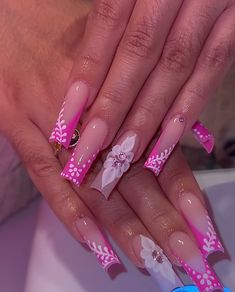 Pink Acrylic Nails Quinceanera, Y2k Nails Without Charms, Extra Af Nails, Medium Square Acrylic Nails Designs Pink, Latina Nail Designs Pink Short, Pink Nail Sets Medium, Hot Pink Flower Nails, Pink Mexican Nails, Medium Pink Nails