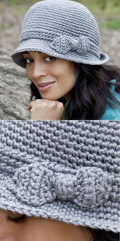 a woman wearing a gray knitted hat with the text elegant hat free crochet pattern