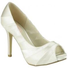 a women's white high heeled shoe with an open toe and satin fabric