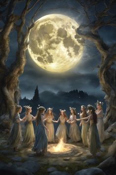 a group of women standing in front of a full moon