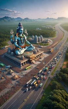 an aerial view of a large statue in the middle of a highway