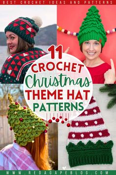 crochet christmas hat patterns with text overlay that reads, 11 crochet christmas theme hat patterns