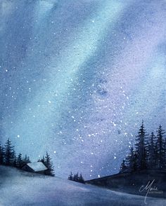 a painting of the night sky with stars and trees in it, as well as some snow