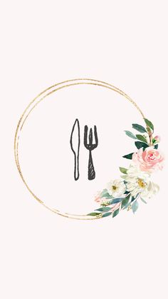 an image of a fork and knife with flowers on the side, in front of a white background