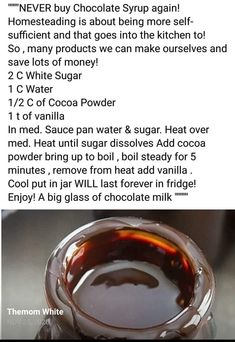 the recipe for chocolate syrup is shown in two different pictures, one with an image of a