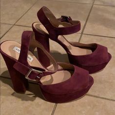 Pre-Owned Never Worn Steve Madden “Jillyy” Peep Toe Platform Heels. Size: 9.5. Color: Burgundy. Super Comfortable For A High Platform Heel. 5 1/2" Heel; 1 1/2" Platform. Adjustable Strap With Buckle Closure. Suede Or Synthetic Upper/Synthetic Lining And Sole. Sold As-Is. Please Ask All Questions Before Purchase :-) Purple Heels With Buckle Closure For Formal Occasion, Purple Open Toe Heels With Buckle Closure, Purple Open Heel Heels With Buckle Closure, Purple Block Heel Shoes With Medium Width, Purple Block Heel Medium Width Heels, Purple Block Heels With Stacked Heel, Purple Heels With Stacked Block Heel, Purple Heels With Buckle Closure, Fall Open Heel Platform Heels