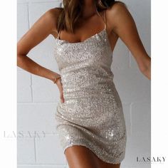 Lasaky - Glamorous Party Dress with Glittering Back Accent Glamorous Sleeveless Sequin Dress With Glitter, Gold Sparkling Sleeveless Sequin Dress, Glamorous Sleeveless Shimmer Sequin Dress, Sleeveless Glamorous Shimmer Sequin Dress, Glamorous Sleeveless Sequin Dress, Spring Party Sequin Fabric, Glamorous Glitter Sleeveless Evening Dress, Gold Backless Holiday Dress, Gold Mini Dress With Contrast Sequin For Evening