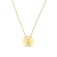 Give your look a touch of tropical sweetness with this 14K gold pineapple disc necklace. 14K gold. The round disc is etched with a pineapple design at the center. 16.0-inch rope chain necklace with 2.0-inch extender and spring-ring clasp. Gold Pineapple, Pineapple Design, Rope Chain Necklace, Disc Necklace, Rope Chain, Spring Rings, Etching, Pineapple, Chain Necklace