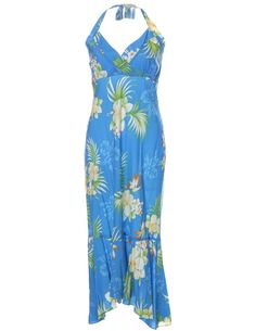 Mid Length Halter Dress Fern Hibiscus Sky Blue Two Palms Easy Wear Dresses, Sky Blue Dress, Bridesmaid Attire, Halter Style Dress, Business Casual Shirts, Hawaiian Outfit, Jeans Shirt, Blue Hawaiian, White Short Dress