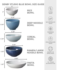 three bowls are shown with measurements for each bowl