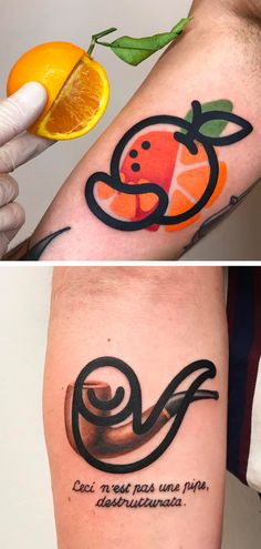 two different tattoos on the arms, one with an orange and another with a snake