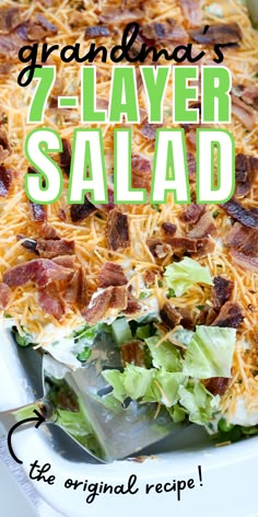 dish full of 7 layer salad with scoop Layered Garden Salad, Pea Layered Salad, 7 Layer Salad With Broccoli, Easy Seven Layer Salad, Layered Lettuce Salad Recipes, Layered Pea Salad With Bacon, Layered Lettuce Salad With Peas, Southern 7 Layer Salad