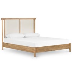 a wooden bed frame with white linens and pillows on the headboard, against a white background