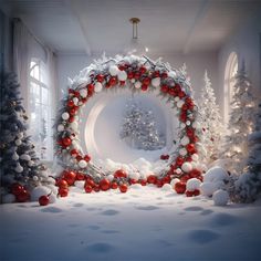 a christmas display with red and white ornaments in the center, surrounded by snow - covered trees