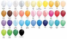 the different colors of balloons are shown in this image, and there is an additional color chart for each balloon