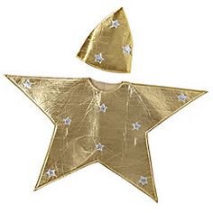 a gold foiled star decoration with white stars on the top and bottom, set against a white background