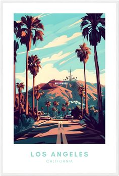 an art print of the hollywood sign and palm trees