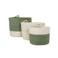 two green and white baskets with handles on each side, one has a rope handle