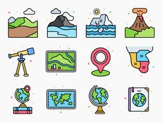 different types of travel icons are shown in this set, including maps and other items