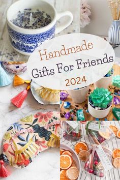 the words handmade gifts for friends are shown above pictures of oranges and other decorations