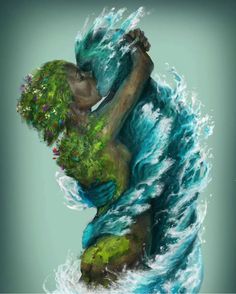 a painting of a person hugging in the water