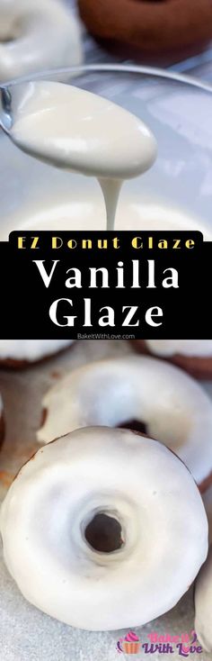 vanilla glaze being poured onto donuts with icing