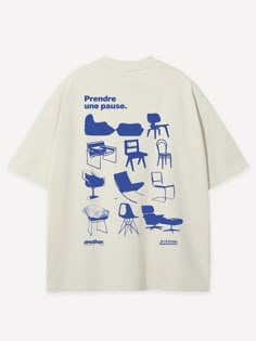 a white t - shirt with blue graphic on the front and back, featuring chairs