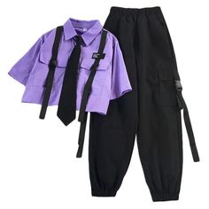 Autumn Streetwear, Mode Mantel, Shirt With Tie, Pop Pop Shirts, Streetwear Pants, Makijaż Smokey Eye, Pieces Of Clothing, Style Cargo, Purple Shirt