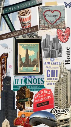 a collage of various signs and buildings in chicago, illinois with the city's famous skyscrapers