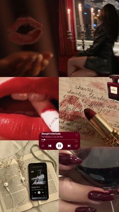 a collage of photos with red lipstick and cell phones