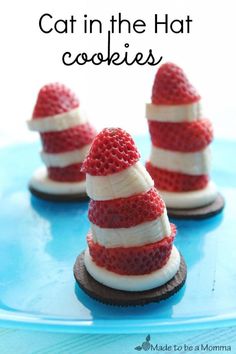 cat in the hat cookies on a blue plate