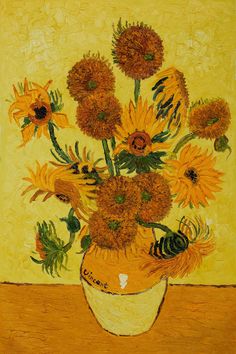 a painting of sunflowers in a vase on a table