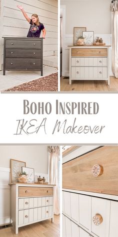 a collage of photos with the words boho inspired ikea makeover