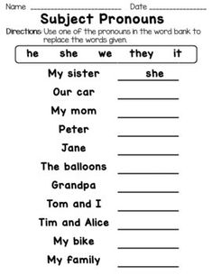 the subject pronouns worksheet is shown in black and white,