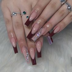 Red Wine Color Nails Acrylic, Nail Ideas Acrylic Burgundy, Prom Nail Ideas Burgundy, Long Acrylic Nails Burgundy, Burgundy And Pink Nails Acrylic, Nails Inspiration Burgundy, Burgundy Acrylic Nails Square, Blue Bails For Prom, Red Burgundy Nails Acrylic