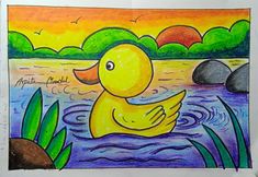 a drawing of a yellow duck in the water