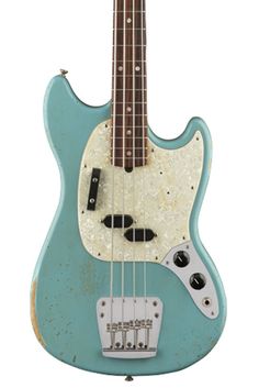 an electric bass guitar with a blue body and white fret, on a white background