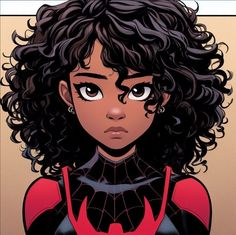 an illustration of a woman with curly hair and spider - man makeup on her face