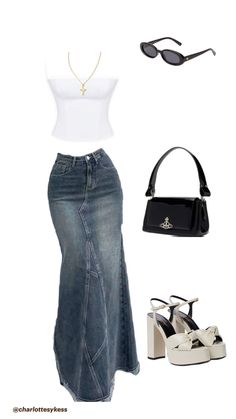 Long denim skirt outfit inspo #y2kaesthetics #y2k #fashion #y2kfashion #bratz #style #OOTD #explore #kfashion #retro #vintage #bratz #kstyle #saesthetic #streetwear   #cute #sfashion #outfitinspo #vintagefashion #retrofashion Going To Graduation Outfit Ideas, Sade Inspired Outfit, Sade Style Outfits, Sade Inspired Looks, Sade Outfits Idea, Girly Baddie Outfits, Fine Dining Outfit Women, Blue And White Outfit Ideas, Outfit Ideas Summer Shein