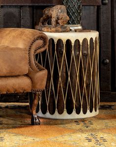 Rawhide Drum Accent Table - Southwestern Furniture made in the USA - Your Western Decor Western Living Room Furniture, Drum Accent Table, Round Drum Coffee Table, Southwestern Style Decor, Drum Tables, Adobe Interior, Leather Living Room Furniture, Tables Living Room, Drum Coffee Table