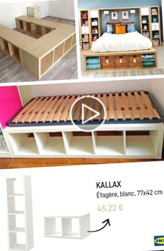 an image of a bed made out of bookshelves and storage units with text overlay that reads kallax etager, blauc, 774 422 2 cm