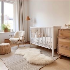 a baby's room with a crib, chair and rug