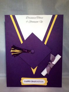 a purple and yellow graduation card with a tassel on the front that says, happy graduation