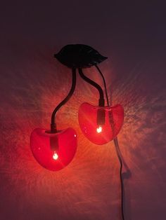 two red heart shaped lights hanging from a wall