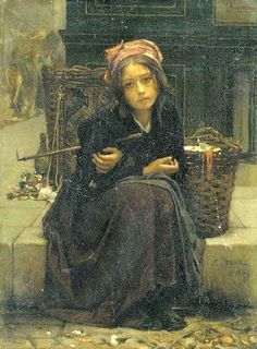 a painting of a woman sitting on the steps with a knitting needle in her hand