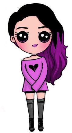 a drawing of a girl with purple hair and black boots, wearing a heart shaped sweater