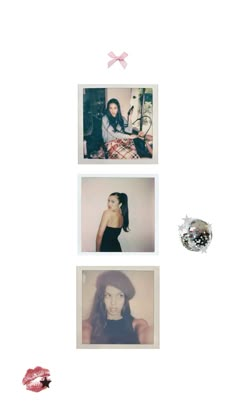 four polaroid photos with pink bows on them, and one has an image of two women