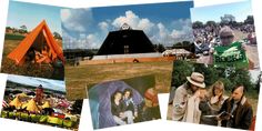 a collage of photos with people and tents