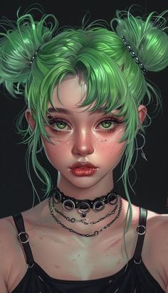 a girl with green hair and piercings on her head, wearing black bra top