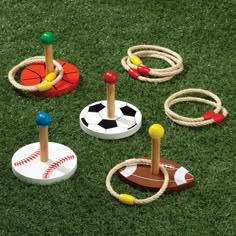 an assortment of toy balls and ropes on the grass with one ball in the middle